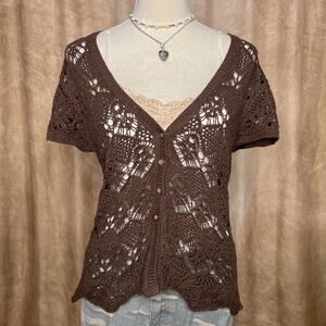 Vintage Y2K Crochet Knit Cardigan Sweater Top Brown Button Up Boho McBling Beach
